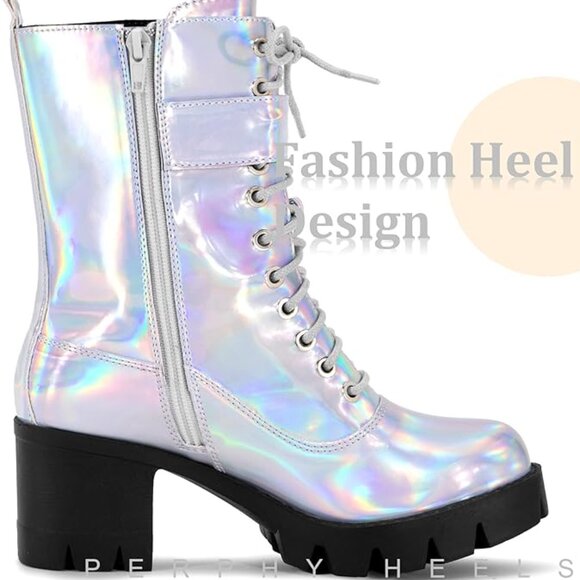 Lace Up Round Toe Chunky Heel Combat Platform Boots - Picture 8 of 10